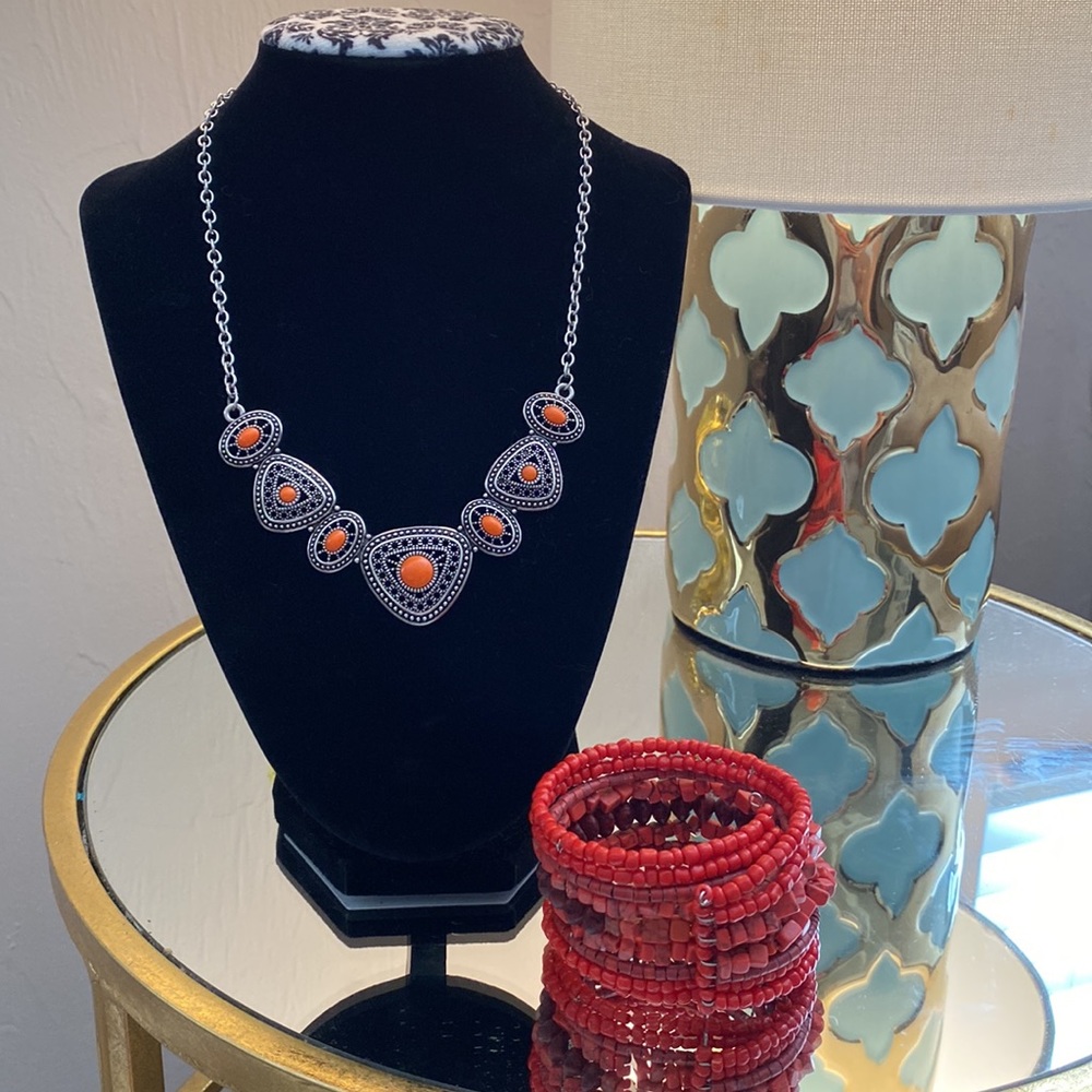 Boho silver/coral color statement necklace and genuine coral cuff bracelet set